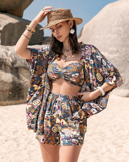 Printed Bra, Cover-Up and Shorts Set Floral