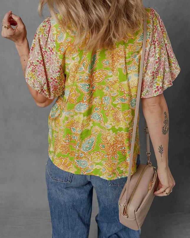 Multicolour Printed Contrast Bubble Sleeve Patchwork Blouse