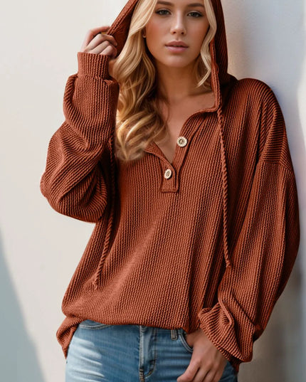 Double Take Full Size Half Button Long Sleeve Hoodie Caramel
