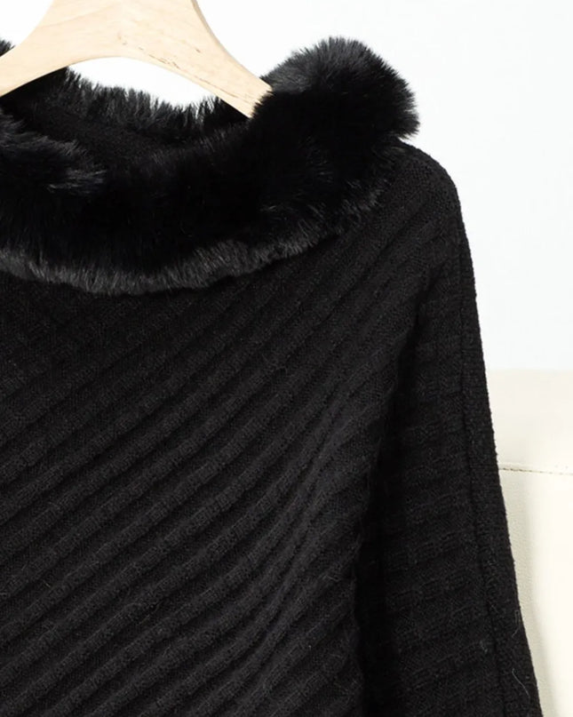 Fuzzy Trim Texture Three-Quarter Sleeve Poncho