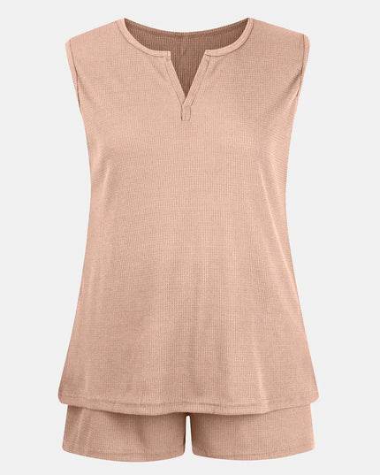 Full Size Waffle-Knit Notched Top and Shorts Set