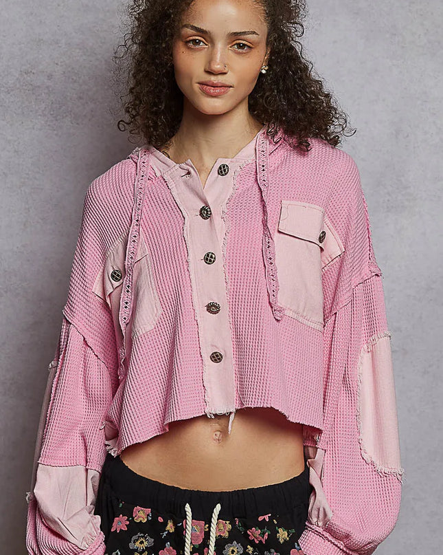 POL Raw Hem Cropped Hooded Jacket Fuchsia Pink