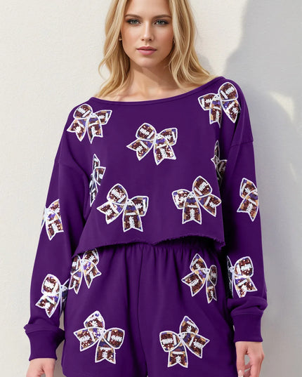 Double Take Sequin Bow Cropped Top and Shorts Set Violet