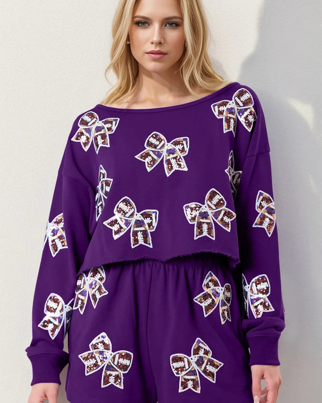 Double Take Sequin Bow Cropped Top and Shorts Set Violet