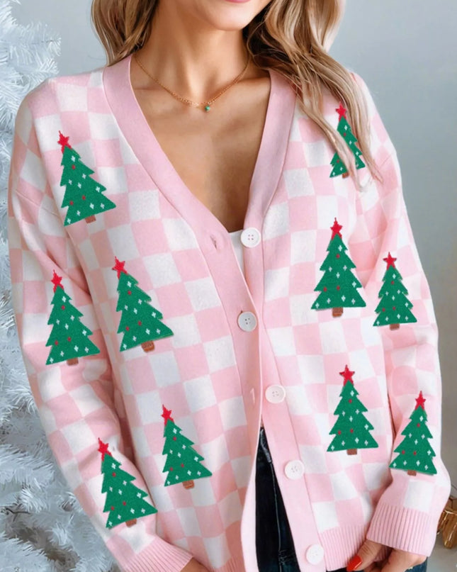 Christmas Tree Pattern Checkered Button V Neck Cardigan