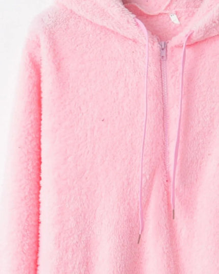 Full Size Quarter-Zip Drawstring Teddy Hoodie