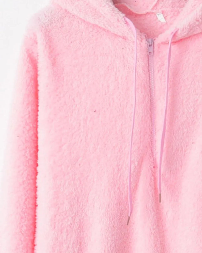 Full Size Quarter-Zip Drawstring Teddy Hoodie