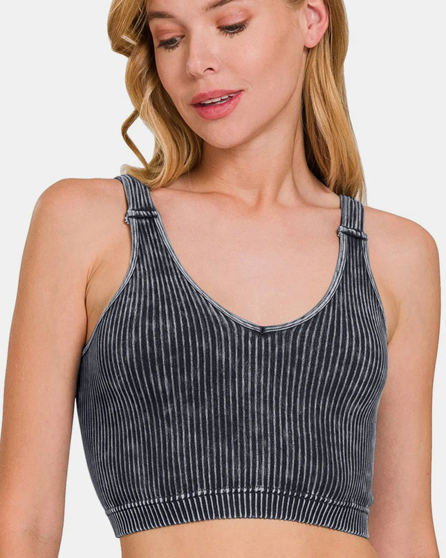 Zenana Washed Ribbed Cropped V-Neck Tank