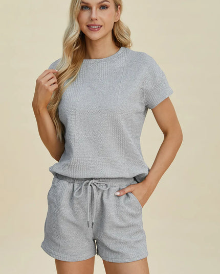 Double Take Full Size Texture Short Sleeve Top and Shorts Set