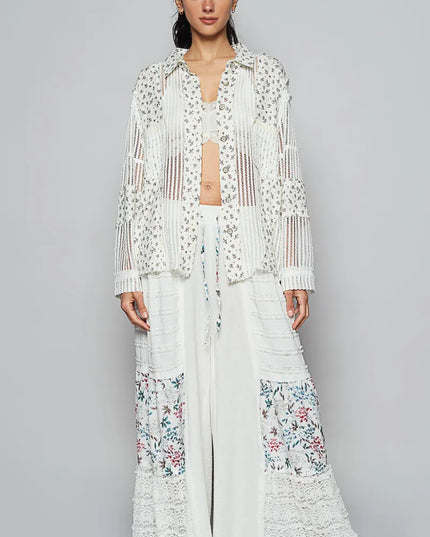 POL Floral Crochet Patchwork Long Sleeve Shirt