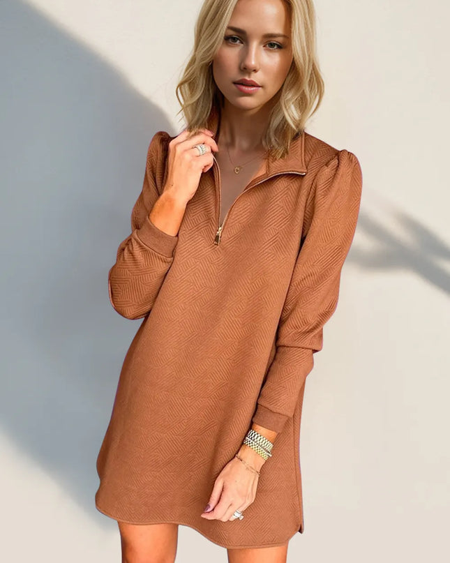 Double Take Textured Quarter Zip Long Sleeve Dress