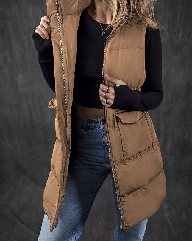 Pocketed Zip Up Vest Coat Caramel