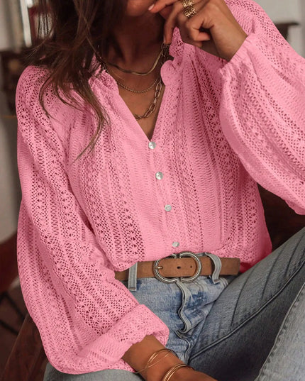 Crochet Notched Button-Front Shirt Pink