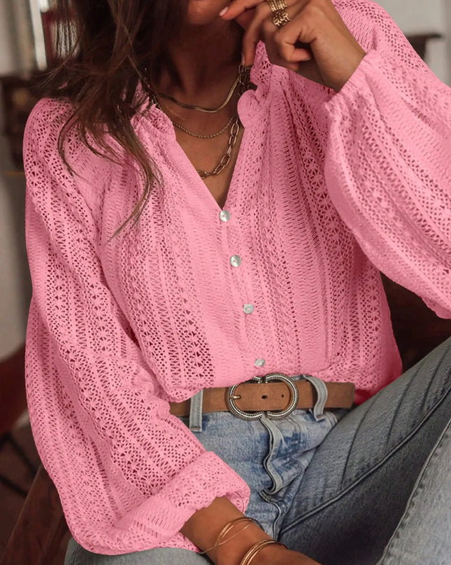 Crochet Notched Button-Front Shirt Pink