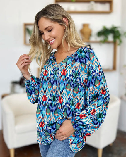 Double Take Full Size Printed Balloon Sleeve Blouse