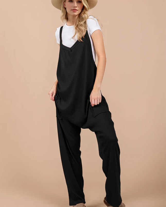 Oh Full Size V-Neck Wide Strap Overalls with Pockets Black