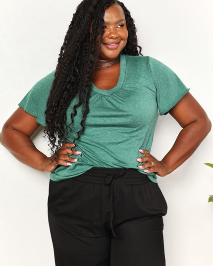 Double Take Ruched V-Neck Short Sleeve T-Shirt Green