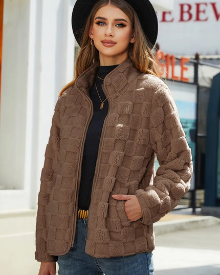 Fuzzy Checkered Zip Up Jacket Brown
