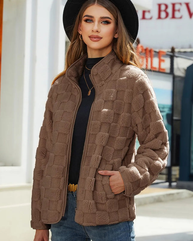 Fuzzy Checkered Zip Up Jacket Brown