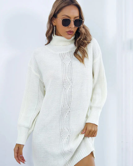Openwork Turtleneck Long Sleeve Sweater Dress White