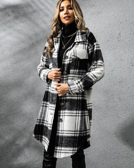 Plaid Collared Neck Long Sleeve Coat