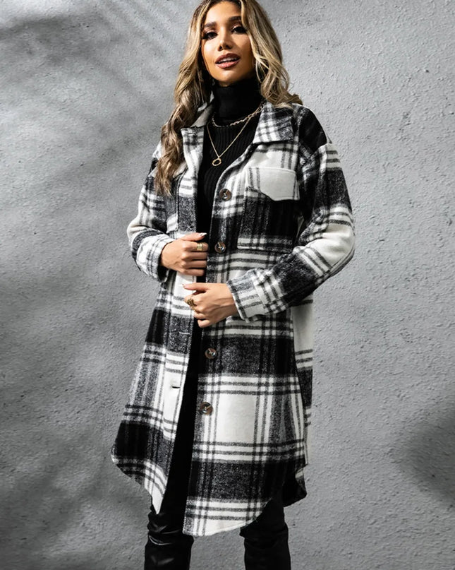 Plaid Collared Neck Long Sleeve Coat