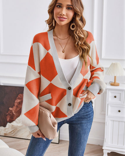 Geometric Lantern Sleeve Cardigan with Pockets Pumpkin