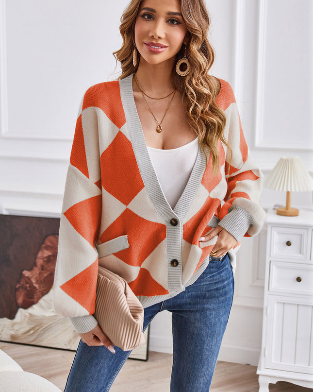 Geometric Lantern Sleeve Cardigan with Pockets Pumpkin