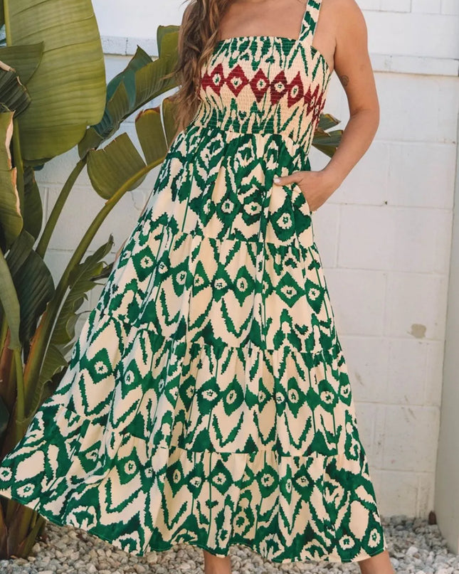 Western Aztec Shirred A-line Sleeveless Maxi Dress