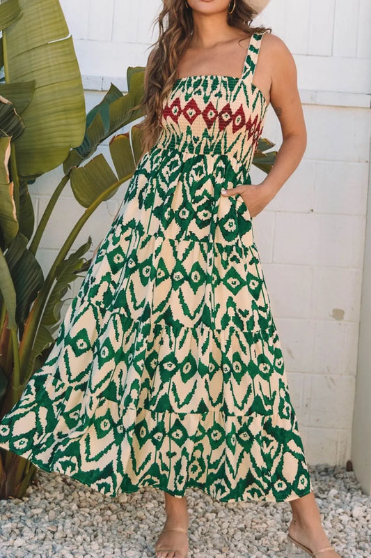 Western Aztec Shirred A-line Sleeveless Maxi Dress