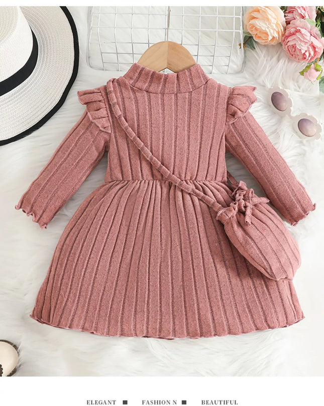 Children's Ribbed Knit Ruffle Trim Dress with Bag Pink