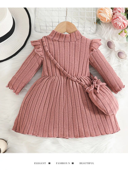 Children's Ribbed Knit Ruffle Trim Dress with Bag Pink