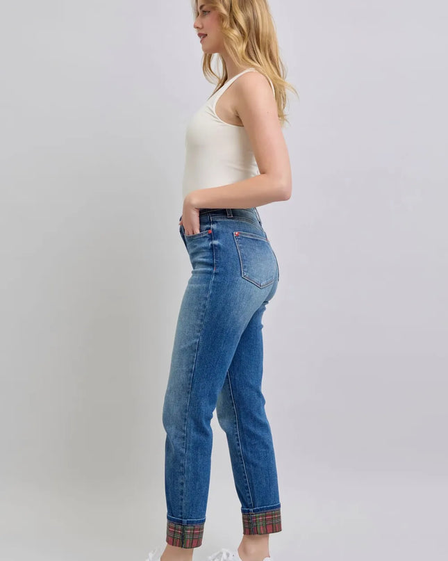 Judy Blue Full Size Plaid Print Cuff Straight Leg Jeans with Pockets