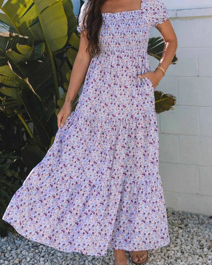 Tiered Floral Shirred High Waist Maxi Dress