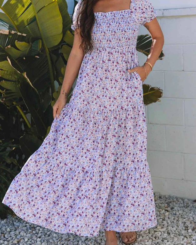 Tiered Floral Shirred High Waist Maxi Dress