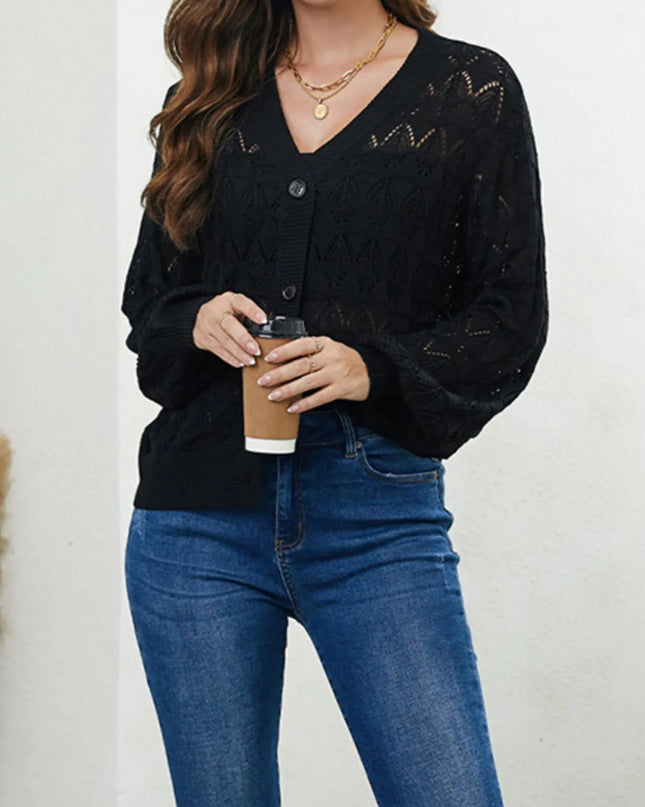 Openwork Button Up Cardigan Black