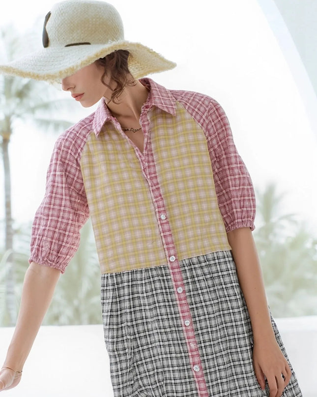 Colorful Mixed Gingham Shirt Dress Multicolor