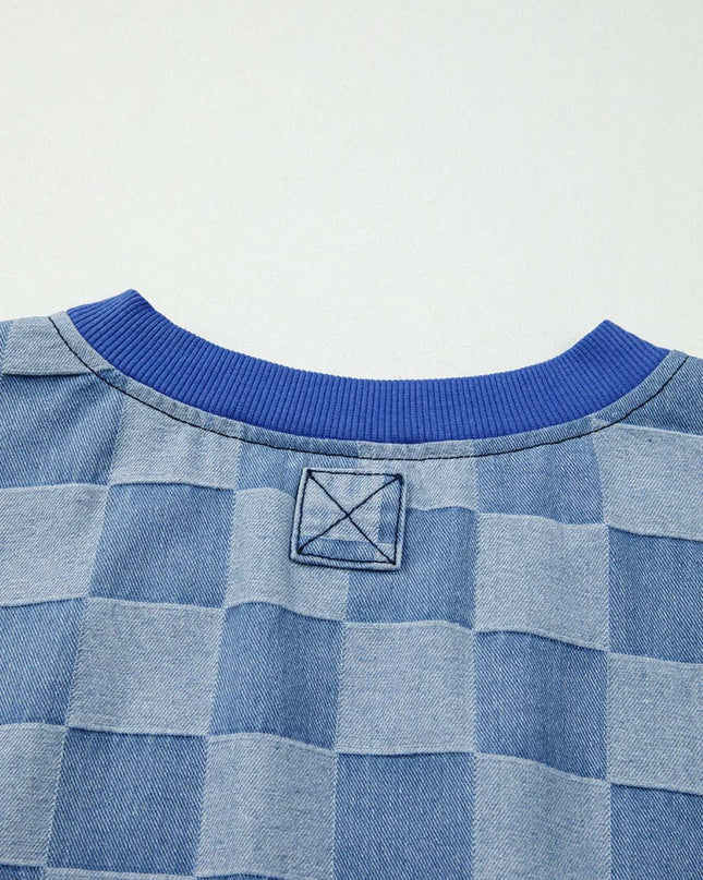 Checkerboard Splicing Raw Detail Oversized Denim Top