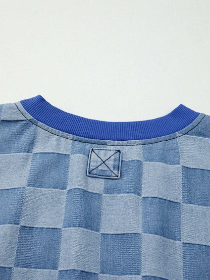 Checkerboard Splicing Raw Detail Oversized Denim Top