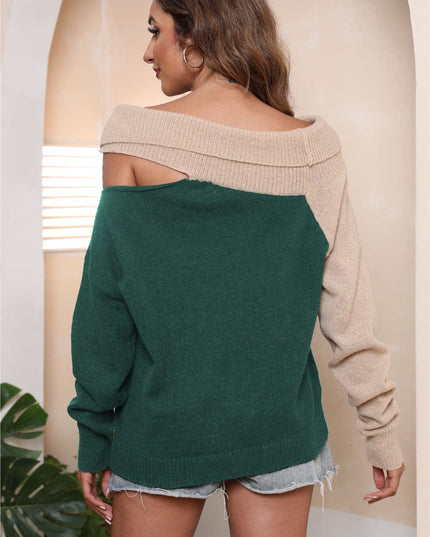 Asymmetrical Long Sleeve Two-Tone Cutout Sweater
