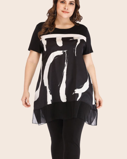 Plus Size Contrast Spliced Mesh T-Shirt and Cropped Leggings Set 