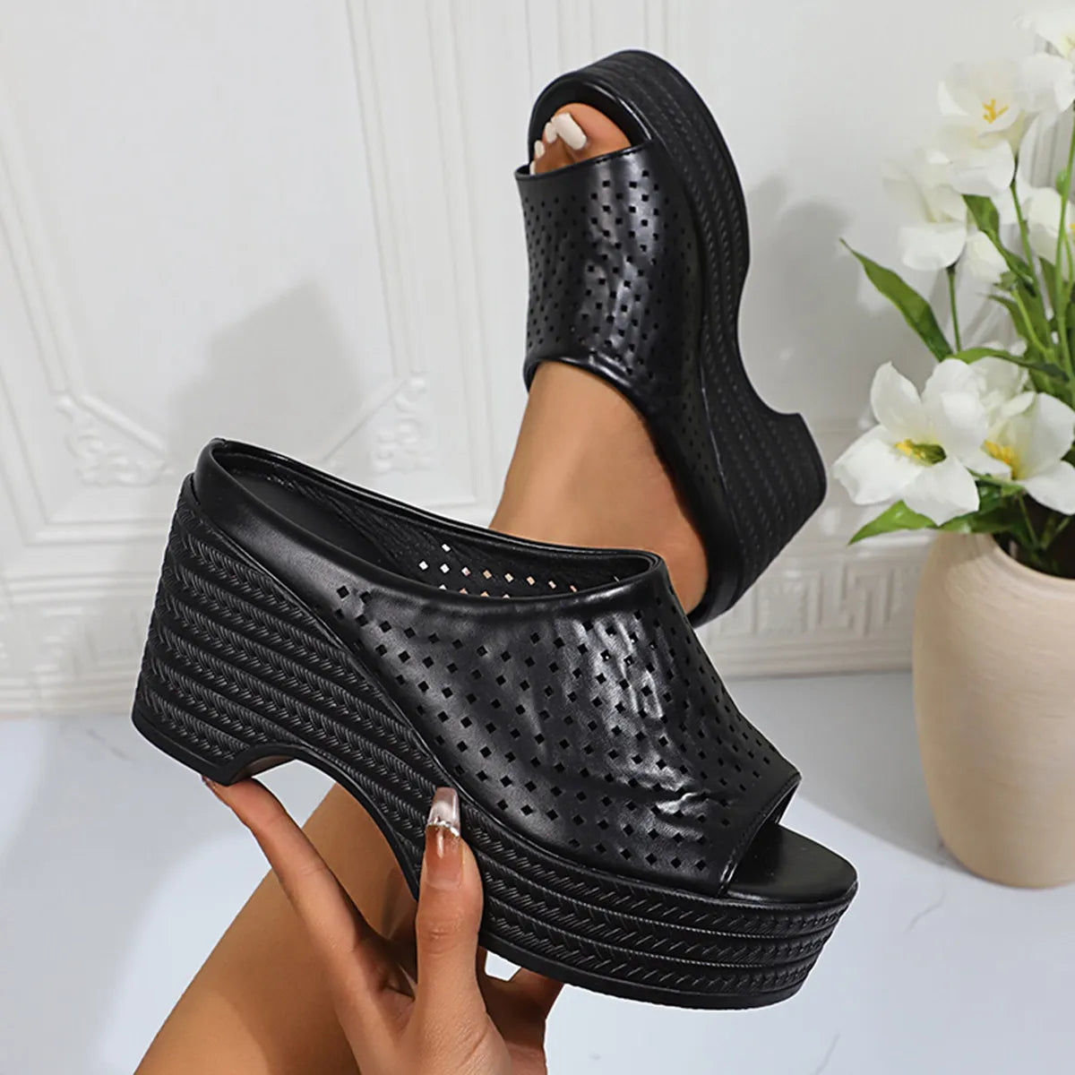 Peep Toe Wedge Sandals Black