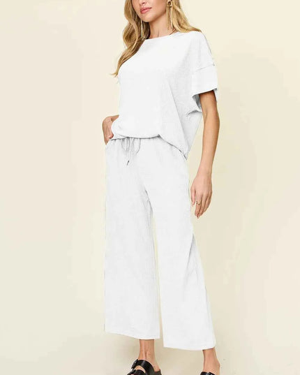 Double Take Full Size Texture Round Neck Short Sleeve T-Shirt and Wide Leg Pants