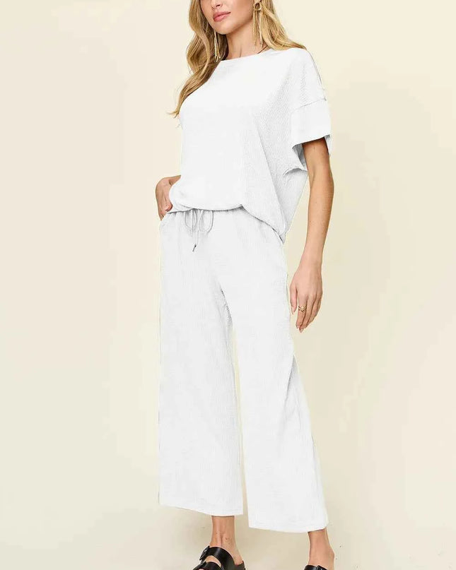Double Take Full Size Texture Round Neck Short Sleeve T-Shirt and Wide Leg Pants