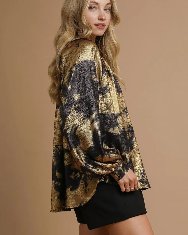 Umgee Metallic Fabric Blouse with Balloon Sleeves