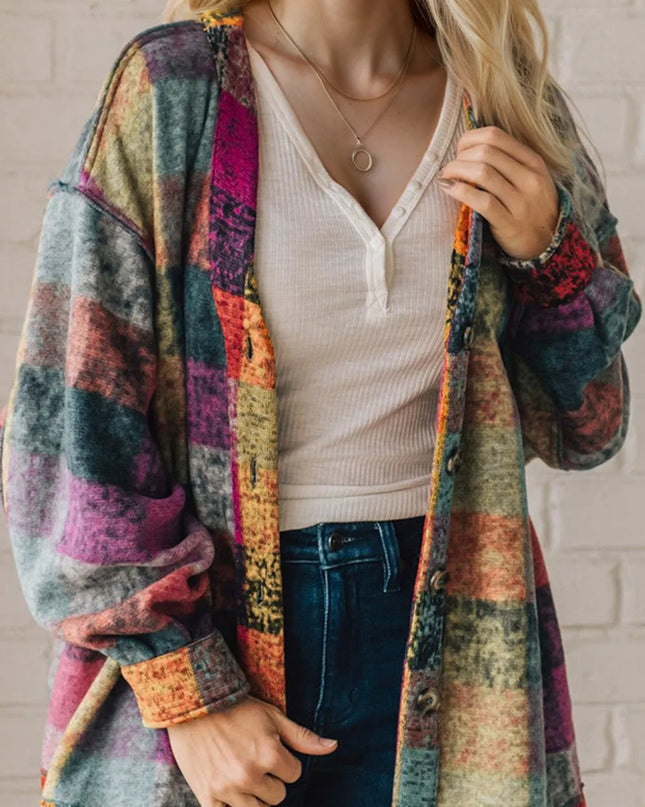 Double Take Full Size Exposed Seam Button Up Fleece Shacket Multicolored