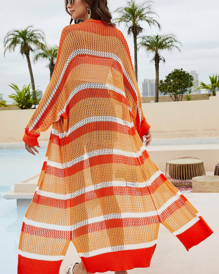 Striped Open Front Side Slit Duster Cover Up