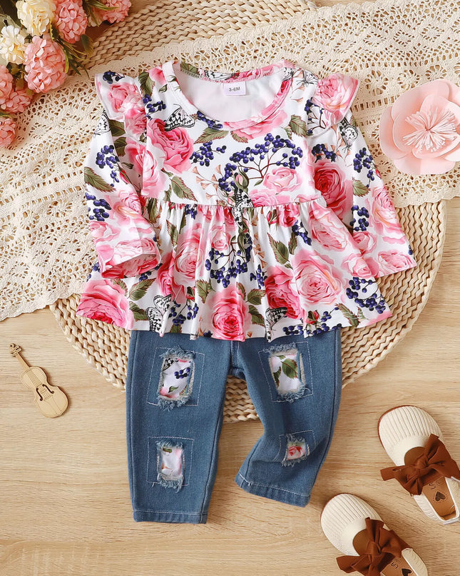 Children's Floral Ruffle Trim Top & Distressed Jeans Set Red