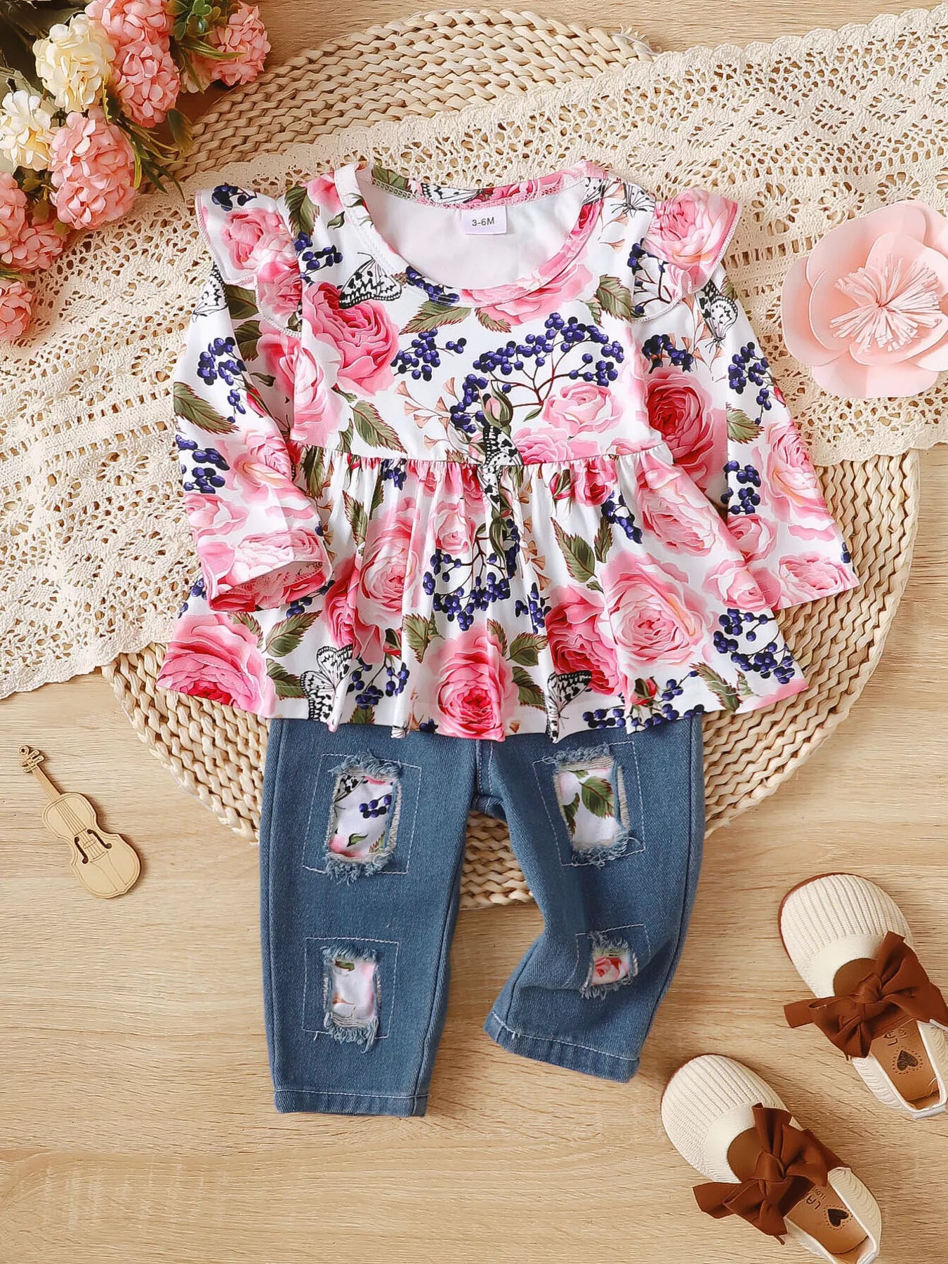 Children's Floral Ruffle Trim Top & Distressed Jeans Set Red