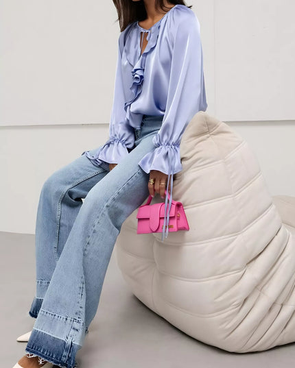 Ruffle Trim Satin Flounce Sleeve Blouse